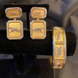 Gold Tone Jungle Cat Bangle and Matching Paneled Clip Earrings